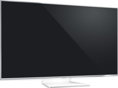 Panasonic TX-L47WT60E fladskærms-TV, rektangulær sort skærm slukket, set forfra, placeret på en hvid holder