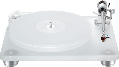 Toca-discos hi-fi ClearAudio Emotion SE branco, braço de leitura direito, prato acrílico, base lacada, pés cônicos