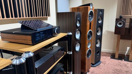 Hi-fi sloupové reproduktory s dřevěnou povrchovou úpravou, více reproduktory a audio zesilovačem na skříňce