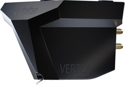 Black faceted Ortofon MC Vertex hi-fi cartridge, side view, with stylus visible at bottom left