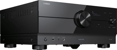 Ampli home-cinéma Yamaha RX-A4A noir, vue de face, façade avec boutons et molette, afficheur, ports USB et casque