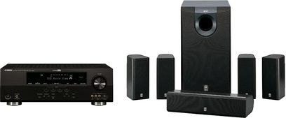 Yamaha AV3105 hjemmebiograf-system med receiver, gulvhøjttalere, centerhøjttaler, boghyldehøjttalere og subwoofer, set forfra