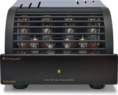 PrimaLuna EVO 100 sort effektforstærker, frontvisning, 4 rør, 4 potentiometre, ventilationsgitter