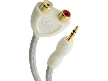 Adaptor audio Audioquest FLX-Mini/RCA în formă de broască stilizată albă cu ochi aurii, cablu alb și jack roșu