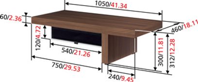 Rektangulært sofabord i mørkt træ med skuffe, dimensioner i millimeter vist på teknisk diagram