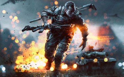 Futuristisk soldat i rustning, der skyder med et automatgevær i en eksplosion af ild og murbrokker, førstepersons skydespil