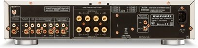 Marantz PM6003 stereo hi-fi-forstærker, set forfra, stik og betjeningsknapper på forsiden, sort og gylden metalkabinetskabinet