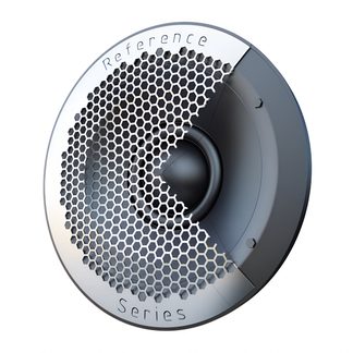 Sort cirkulær tweeter i sort og sølv, set forfra, hexagonal metalgitter, central kuppel, indskrift Reference Series