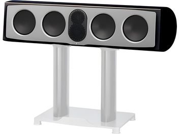 Centralny głośnik Paradigm Persona C w czarnym lakierze z frontem z szarego aluminium, cztery czarne, okrągłe przetworniki otaczające moduł wysokotonowy pod centralną perforowaną maskownicą, widok z prawego przedniego trzyczwartego kąta na podwójnej, cylindrycznej białej podstawie