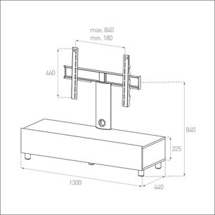TV-møbel med vægbeslag, teknisk tegning med målsætning set forfra, rektangulær struktur, hylde, 1300 x 840 x 440 mm