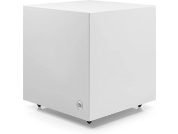 Beli nizkotonec Audio Pro SW-5 kubične oblike z gladkimi stranicami, okroglim logotipom in majhnimi črnimi nogicami
