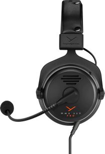 Slušalke za igranje iger Beyerdynamic MMX 330 PRO, stranski pogled, črna okrogla ušesna blazinica, prilagodljiv mikrofon, oblazinjen naglavni trak