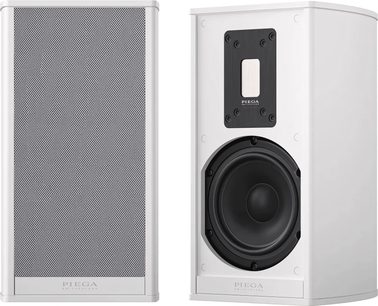 Premium draadloze verbonden luidspreker 301 Wireless Gen2 wit, vooraanzicht en driekwart, geperforeerd rooster, zichtbare luidspreker