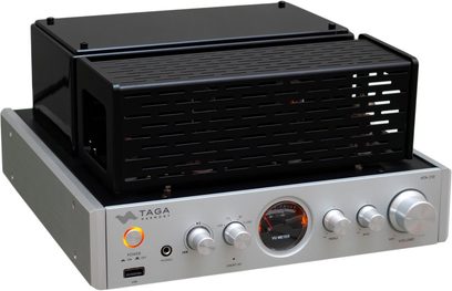 Amplificatore hi-fi a valvole Taga Harmony HTA-25B argento, cabinet nero, griglia, manopole argentate, connettori frontali
