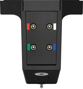 Ortofon MC X20 metal alaşım siyah hücre, alt görünüm, dikdörtgen kasa, dört altın renkli konektör ve kırmızı, beyaz, yeşil ve mavi işaretlerle çevrili