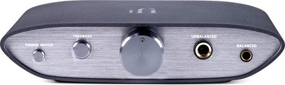 Przetwornik cyfrowo-analogowy iFi Zen Dac V2 w kolorze czarnym, widok z przodu, obrotowe pokrętła i złącza audio na przednim panelu z szczotkowanego aluminium