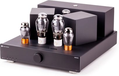 Amplificatore stereo a valvole Feliks Audio Arioso nero, vista di tre quarti con grande manopola centrale e valvole a vista