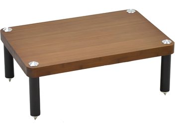 Raft rectangular din lemn închis la culoare, cu 4 picioare cilindrice metalice argintii, văzut de sus într-o privire ușor înclină