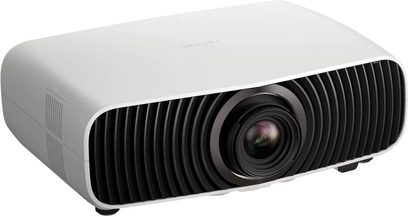 White Epson EH-LS7500 projector, three-quarter view with central lens and perforated black front panel