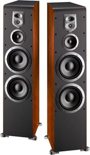 Sloupové reproduktory JBL ES90 v třešňovém provedení, pohled zepředu, vedle sebe, každý se třemi reproduktory, tmavé dřevěné ozvučnice