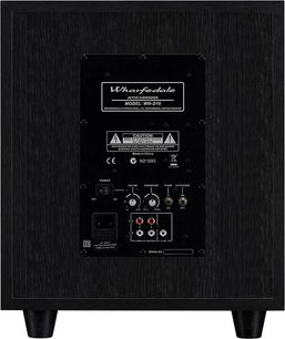 Wharfedale D10 sort subwoofer, set forfra, kontrolpanel med knapper, stik og indikatorer