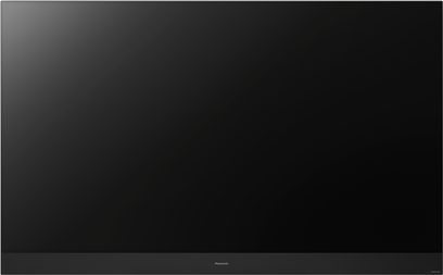 Panasonic TX-55HZ2000E fladskærms-TV, rektangulær sort skærm slukket, frontvisning centreret, på ensfarvet sort baggrund