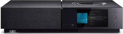 Amplificator hi-fi stereo Naim Uniti Nova negru, vedere frontală, ecran tactil afișând o imagine albastră, față din aluminiu perlat