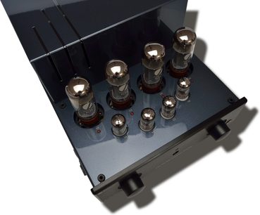 Amplificatore hi-fi a valvole PrimaLuna Evo 100 integrato nero, vista posteriore, 8 valvole in vetro, prese e connettori sul retro