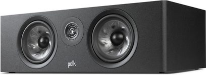 Polk Audio R400 centrale nera, vista frontale, con due altoparlanti circolari e un tweeter centrale, in una cassa rettangolare nera opaca