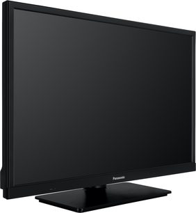 Panasonic TS-24N30AEZ højdefinitions-tv, sort skærm, tynd ramme, set fra trekvart vinkel, rektangulær stander