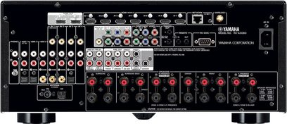 Yamaha RX-A3060 titan hjemmekino-forsterker, frontpanel, forfra. Svart frontpanel med mange knapper, kontakter og indikatorlys