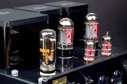 Cayin HA-3A high-fidelity headphone preamplifier in black, three-quarter front view, black lacquered metal chassis with three rectangular transformer housings at the back, six vertical glass vacuum tubes, and two large silver knurled knobs on the front panel