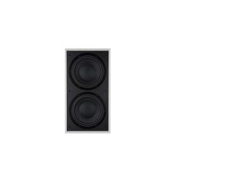 Einbausubwoofer Bowers & Wilkins ISW4, schwarz, zwei übereinander angeordnete runde Woofer, grauer Metallrahmen, Frontansicht