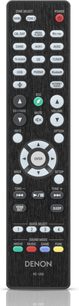 Télécommande noire Denon RC-1253 avec boutons gris et rouges, vue de face