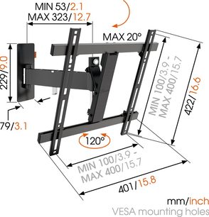 Vægmonteret, justerbar og drejelig TV-holder i sort, minimums- og maksimumdimensioner i mm og tommer, vippevinklen er 20°, drejning 120°