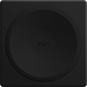 Lettore audio di rete Sonos Port, vista dall'alto, superficie superiore nera opaca con logo "Port" in rilievo al centro