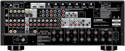 Yamaha RX-V1073 black home theater amplifier, front view, numerous jacks and buttons, digital display, frontal view