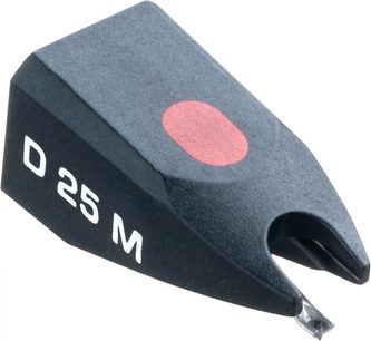 Diament do gramofonu Ortofon Stylus D 25 M, widok perspektywiczny, czarne ciało, czerwona kropka, widoczna igła