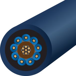 Strømkabel, tværsnit, ydre blå kappe, cirkulære guldbelagte ledere omgivet af blå isolering