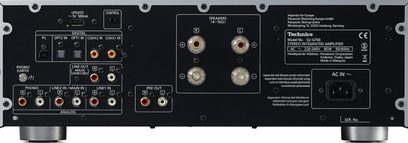 Integreret Technics SU-G700E-S sølvfarvet stereo hi-fi-forstærker, bagside, analog og digital lydtilslutning, højttalerstik