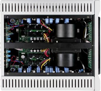 Cayin H-80A stereo hi-fi forstærker, frontvisning af indersiden der viser de elektroniske komponenter og de to transformere