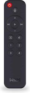 Zwarte WiiM Remote afstandsbediening, vooraanzicht, genummerde ronde knoppen, afspeelsymbolen, microfoon, rode aan/uit-knop