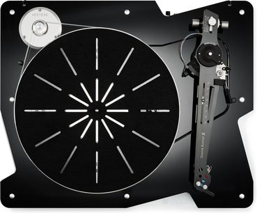 Giradischi hi-fi Vertere Acoustics Pack Raw DGX nero, telaio metallico nero lucido con intagli, piatto circolare in acrilico su tappetino in feltro nero traforato radialmente, braccio di lettura Groove Runner X grigio a destra, cinghia trasparente verso il motore argentato, vista dall’alto