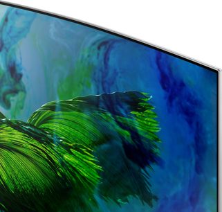 Samsung QE55Q8C buet skærm, der viser et grønt palmblad på blå baggrund, set fra siden i nærbillede