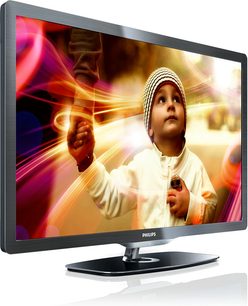 Philips 46PFL6606H-fladskærms-tv viser et nærbillede af en dreng med hvid kasket på en sløret, farverig baggrund