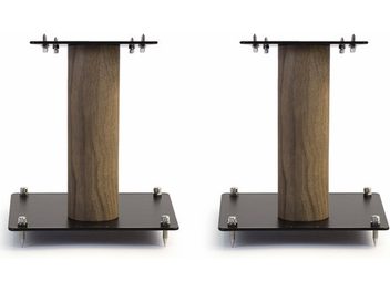 Norstone Design Stylum S luidsprekervoet van eikenhout, zwart/eiken, 2 stuks, vooraanzicht, donker hout, zwarte rechthoekige basis