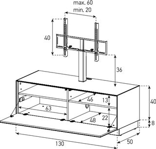 Teknisk diagram med dimensioner af et Sonorous Elements EX11F-BLK TV-møbel, set forfra og fra siden, i sort/hvid