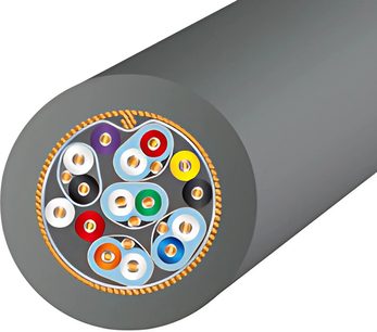 Tverrsnitt av en grå rund kabel som viser 19 fargede elektriske ledere arrangert i konsentriske sirkler