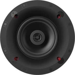 Klipsch CS-16-C II Sky Hook musta lakke sisseehitatav kõlar, eestvaade keskse valjuhääldi ja punaste kinnitustega