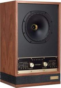 Diffusore da scaffale Fyne Audio Classic VIII SM, cabinet in legno marrone, coassiale, manopole dorate sul frontale, vista a tre quarti